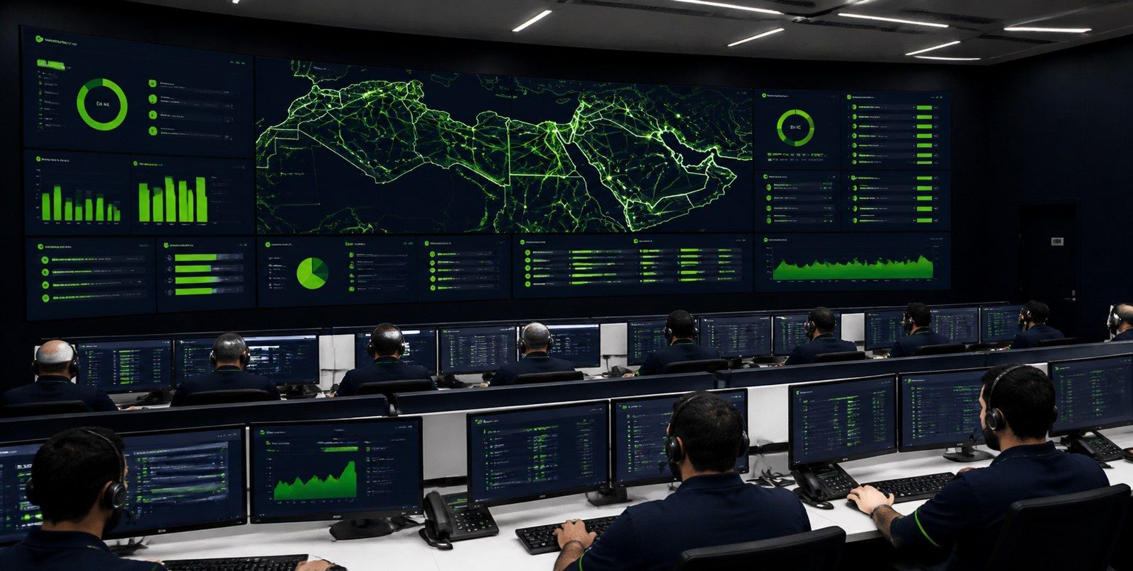 Fibre network operations room — monitoring wall and operators